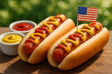 Two delicious hot dogs with ketchup and mustard toppings and an american flag