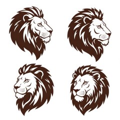 Four stylized illustrations of majestic lion heads in profile facing right and left with detailed manes