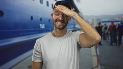 Young hispanic man smiling at a port with ships and people in the background indicating a maritime setting.