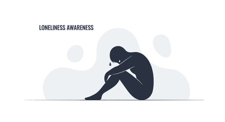 A minimalist illustration depicting a person sitting alone and crying, symbolizing loneliness and the importance of mental health awareness, ideal for campaigns and social media.