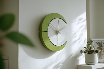 Modern minimalist green crescent wall clock with clean white face and elegant hands casting soft shadows in a bright, airy room.
