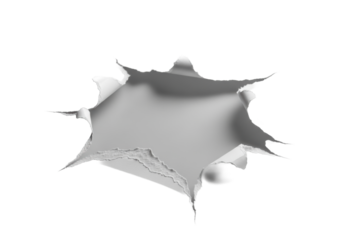 A close-up, slightly high-angle shot of an irregular, sharply torn hole with intricate fibrous edges in pristine matte white material, revealing a smooth light grey background in a minimalist studio.