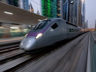 Naklejka premium Modern high-speed train zips past urban skyscrapers
