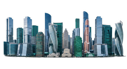 Fototapeta premium A sprawling panoramic cityscape of diverse modern skyscrapers with distinct architectural styles, vibrant colors, and sharp contours, against an immaculate white studio background with bright, even