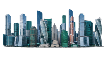 A sprawling panoramic cityscape of diverse modern skyscrapers with distinct architectural styles, vibrant colors, and sharp contours, against an immaculate white studio background with bright, even