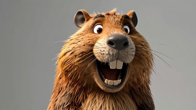 Cartoon beaver with huge teeth, big eyes, and brown fur smiles wide on gray backdrop