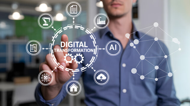 Modern businessman activating digital transformation interface with seamless ease