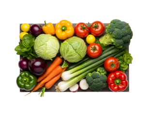 Top view of vibrant fresh vegetables in a rustic wooden crate, isolated on transparent background. Perfect for healthy food, diet, organic lifestyle, and kitchen design themes.

