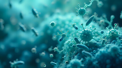 a microscopic view of various viruses and bacteria in a vibrant blue environment.