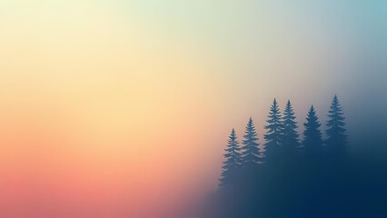 A minimalist landscape with a silhouette of pine trees on a foggy, colorful gradient background.