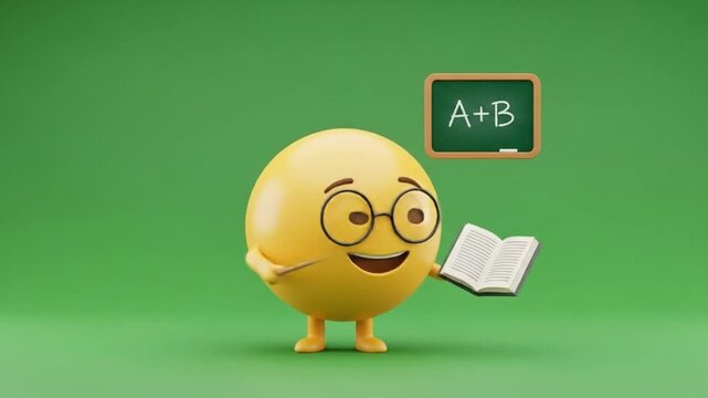 A cheerful yellow emoji wearing glasses and holding a book and pointer stick, standing in front of a small chalkboard with ab written on it, symbolizing education and learning