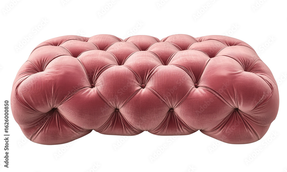 Poster a plush tufted ottoman with a rounded shape and soft texture, featuring a distinct pattern of button