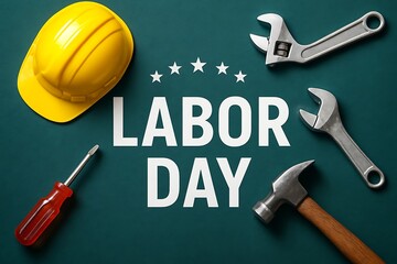 Happy labor day celebration with tools and american flag
