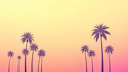 A summer tropical background with silhouettes of palm trees against a warm yellow and pink gradient sunset sky.