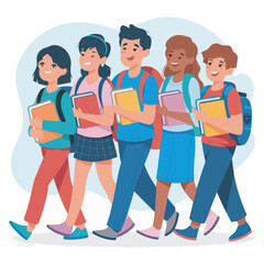 Multicultural Students Walking to School with Books – Back to School Vector Illustration