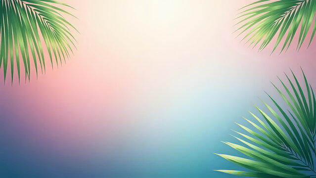 A summer tropical background with green palm leaves on a colorful gradient of pink and blue.