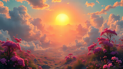 Ethereal sunrise over a pink valley.