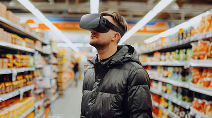 A man wearing a virtual reality headset in a supermarket aisle, exploring the future of shopping and consumer experience with vr technology, digital innovation, and modern retail navigation