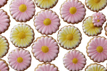 A pattern of flower-shaped cookies.  Pink and yellow daisy cookies