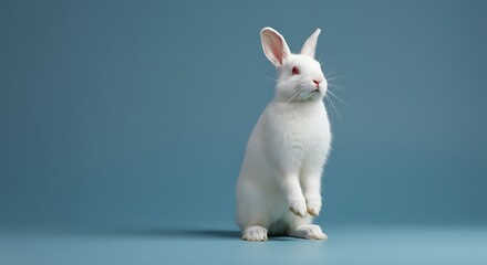 Fototapeta premium A white rabbit standing on its hind legs against a solid blue background in a studio setting looking ahead