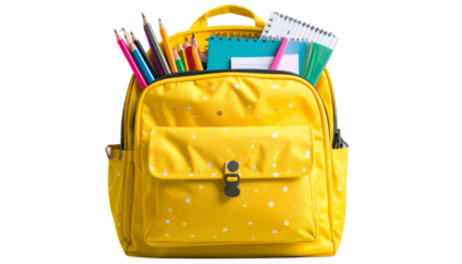 school backpack school bag stuffed with notebooks pencils school stationary isolated on transparent background png school editing elements