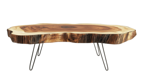 Rustic live edge coffee table home living room natural wood furniture cozy atmosphere eye-level view interior design concept
