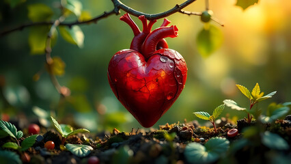 A vibrant anatomical heart hanging like fruit from a tree branch, symbolizing life and growth over a bed of new seedlings.