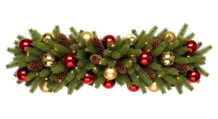 A meticulously crafted horizontal Christmas garland of fresh green fir branches, spherical red and matte gold ornaments, pine cones, and warm white LED lights, isolated on a transparent background in