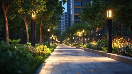 Obraz premium Evening path, city park, illuminated walkway, landscaped urban green space.