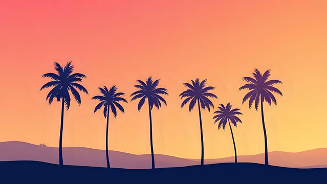 A tropical landscape with a row of palm tree silhouettes against a colorful sunset gradient sky.