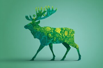 Stylized reindeer silhouette with floral pattern and green tones