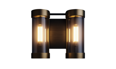 A stylish wall sconce featuring dual vintage bulbs and a modern metal finish. isolated on white background and transparent background