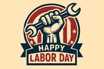 Strong fist holding a wrench symbolizing labor day and american patriotism