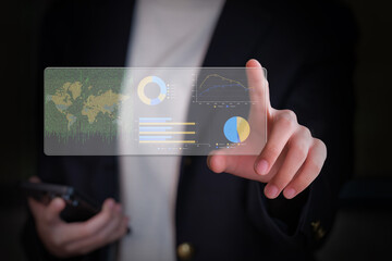 Businesswoman use financial analytics and investment strategies leveraging digital technology to...