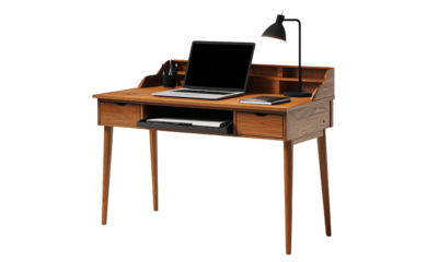 A stylish wooden adjustable height standing desk with a laptop, lamp, and organized workspace. isolated on white background and transparent background