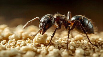 Fototapeta premium Side view macro of ant feeding on bread crumb