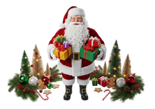 Jolly elderly caucasian Santa Claus with white beard and rosy cheeks, red velvet suit, holding colorful gift boxes on a transparent studio background surrounded by miniature decorated Christmas