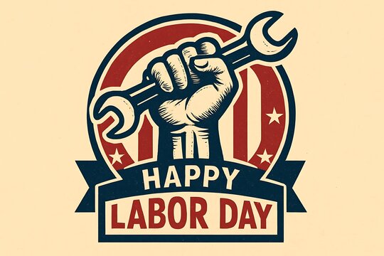 Strong fist holding a wrench symbolizing labor day and american patriotism