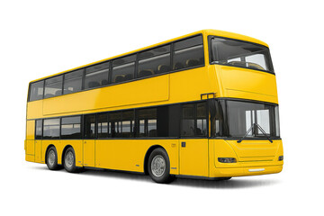 A vibrant yellow double-decker bus parked, showcasing modern public transport designed for urban commuting.