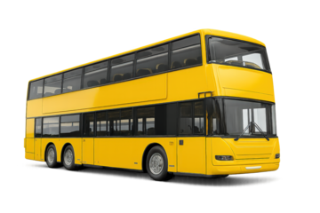 A vibrant yellow double-decker bus parked, showcasing modern public transport designed for urban commuting.