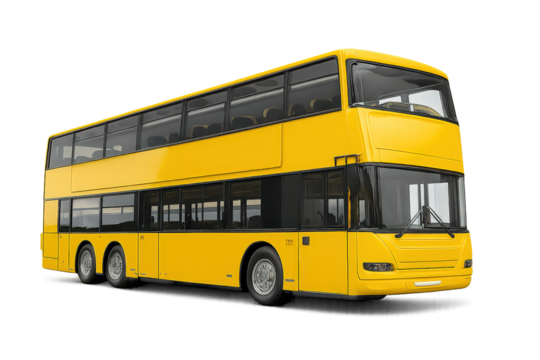 A vibrant yellow double-decker bus parked, showcasing modern public transport designed for urban commuting.