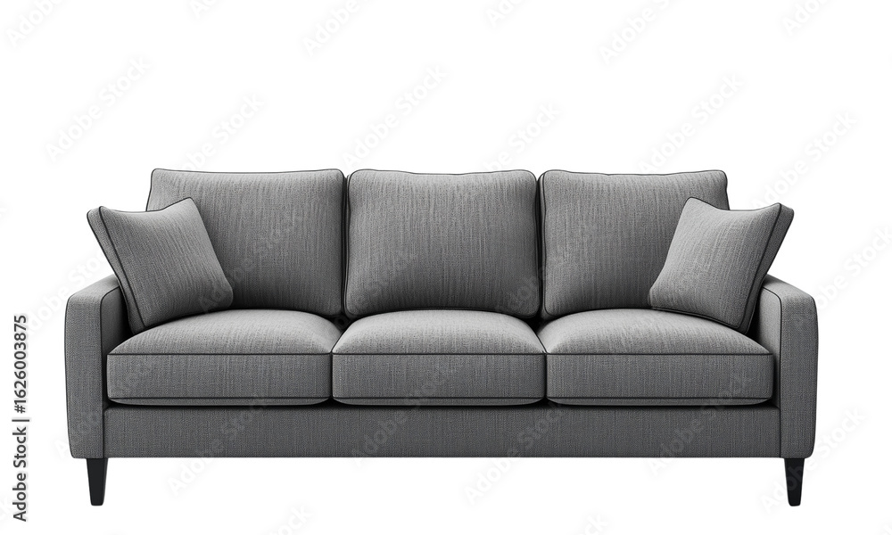 Poster a stylish gray sofa with soft cushions and a modern design featuring two accent pillows. isolated on