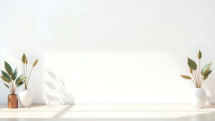 A minimalist interior background with a white wall for mockup, a wooden shelf, and decorative plants in vases.