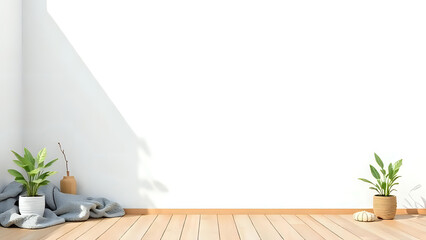 A minimalist empty room with a large white wall for mockup, a wooden floor, and green house plants.