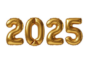 Four golden metallic mylar foil balloons shaped as '2025', arranged precisely against a transparent studio background with bright, shadowless lighting. Commercial celebration concept