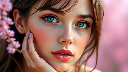 A beautiful close-up portrait of a young woman with stunning blue eyes and pink blossoms.