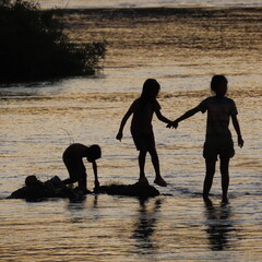 shadows of children playing in the water in the evening
