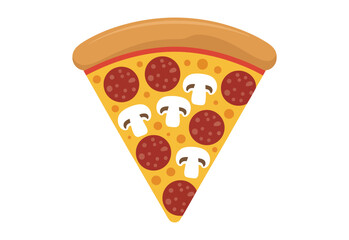 Vector illustration of single pizza slice with golden crust, melted cheese, pepperoni, and mushrooms in flat design style on white background