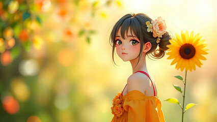 A beautiful anime girl with a flower in her hair, standing next to a bright yellow sunflower in a warm, sunlit garden.