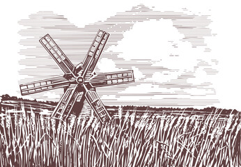 Wheat Organic Farming landscape. Farm and Fields with Harvest. Rural landscape with windmill engraving style illustration.